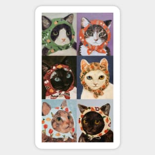 six cats wearing head scarf painting Sticker